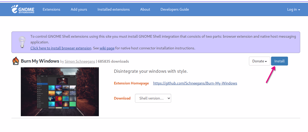 Install Burn My Windows di Gnome Shell